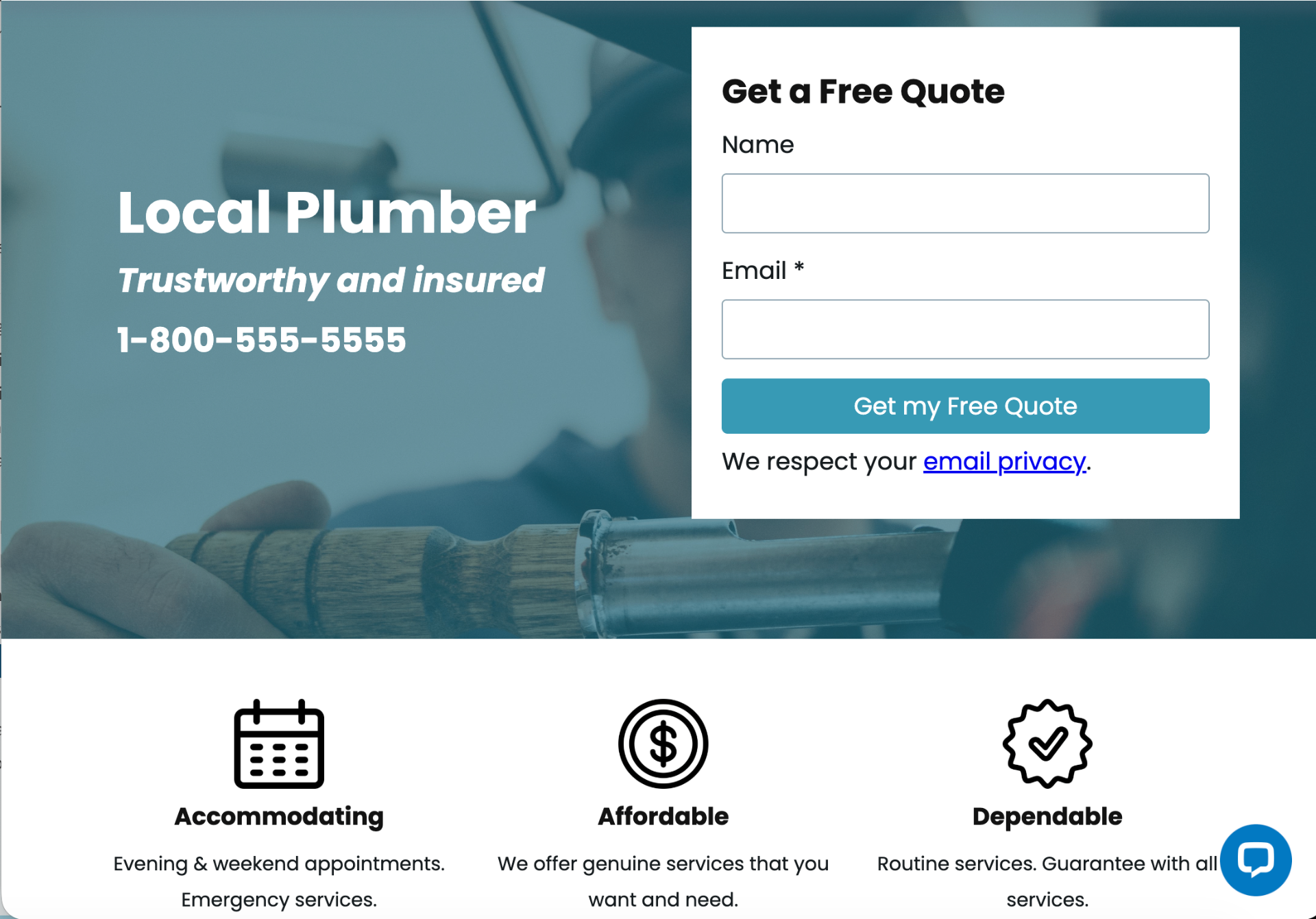 Web design mockup showing a home service landing page with analytics